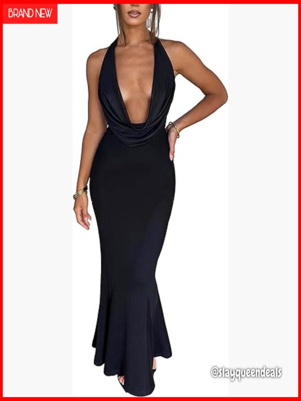 Sleeveless Backless Halter Maxi Dress Bodycon Formal Party Deep V Neck